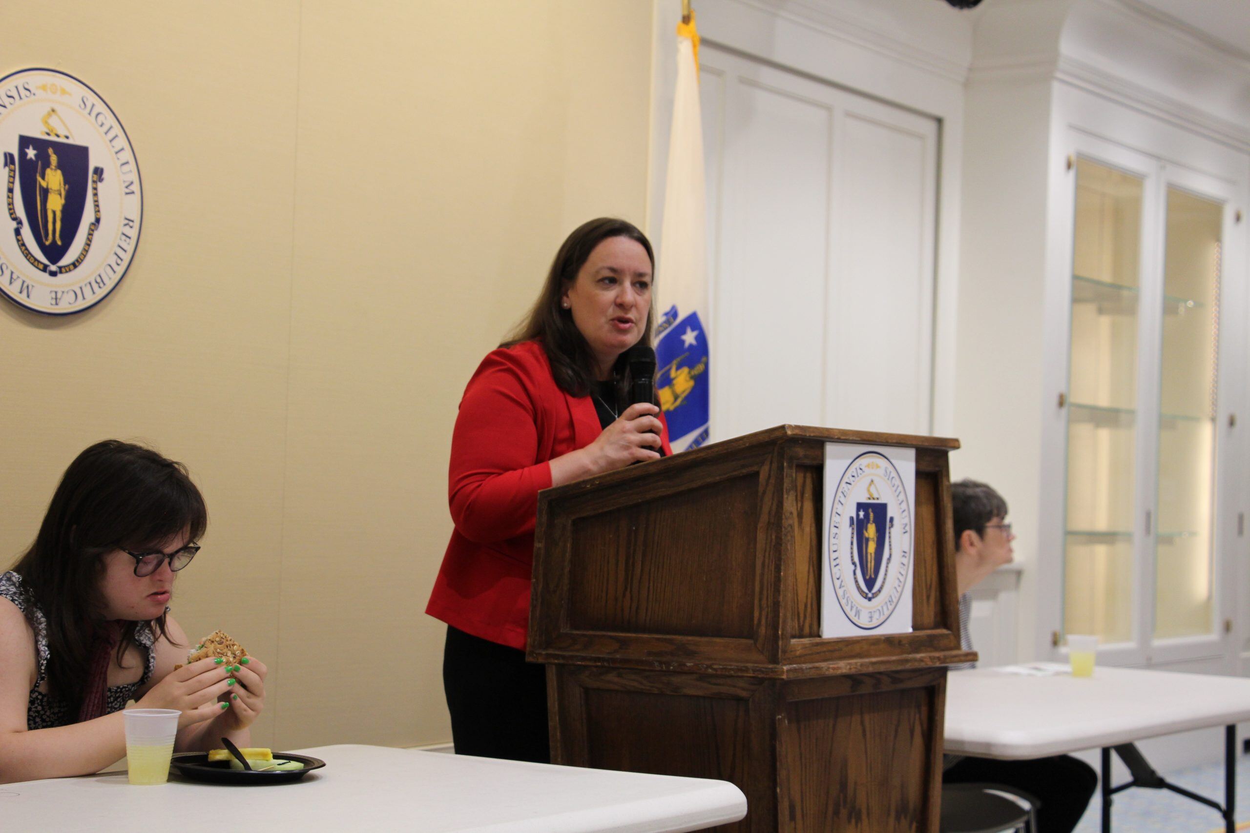 Representative Lindsay Sabadosa is a middle-aged woman with a medium-light skin tone and black, shoulder-length hair. She speaks at a podium at the Massachusetts State House.